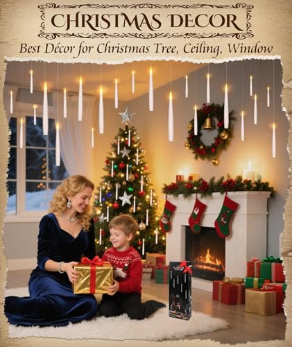 Floating Halloween Candles with Remote Wand – 6" Battery Operated LED Hanging Candles, Flickering Light Set (White)