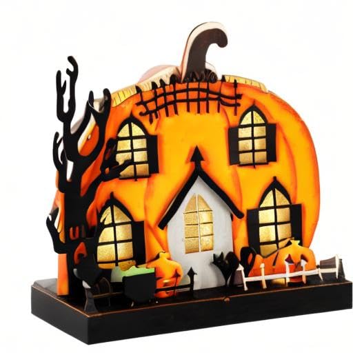Lulu Home Light-Up Wooden Pumpkin House 🎃 Halloween Tabletop Décor with Ghosts, Cat & Witch Pot