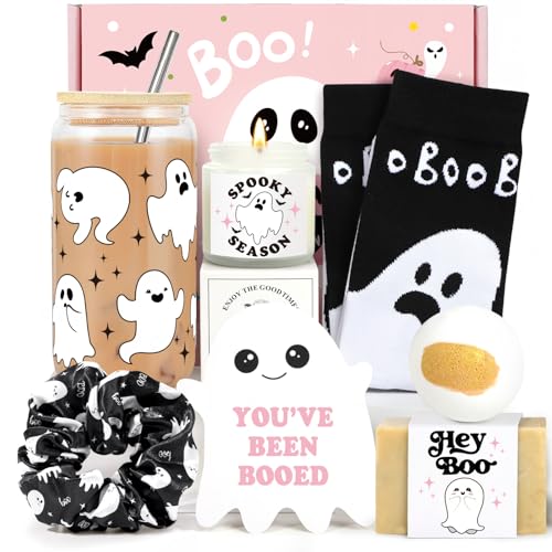 Pink Halloween Gift Box for Women – 7-Piece “Spooky Season” Gift Set with Ghost Cup, Candle, Socks, Bath Bomb & Greeting Card