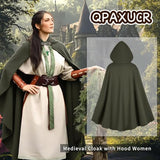Green Hooded Medieval Cloak – Elf-Inspired Cape with Leaf Brooch & Toggle Closure for Halloween & Cosplay 🍃🧝‍♂️