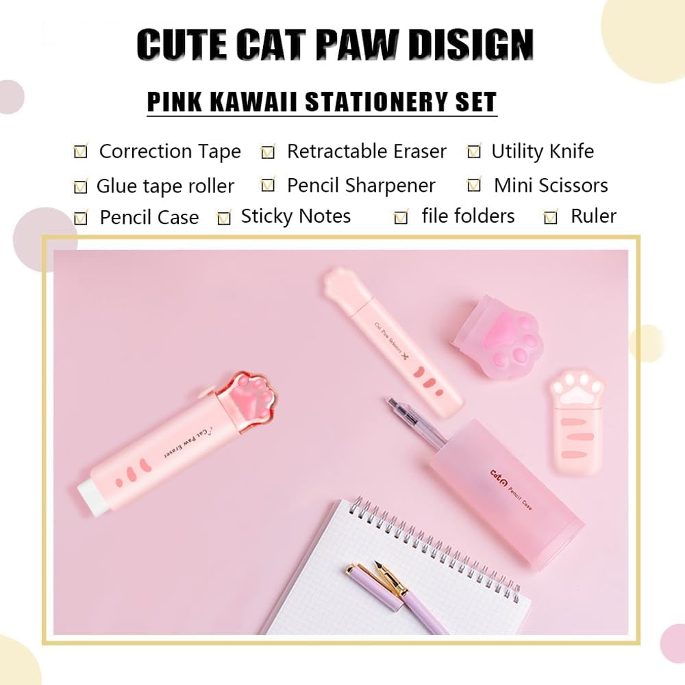 Pink Cat Paw 10-Piece Stationery and Desk Tool Set