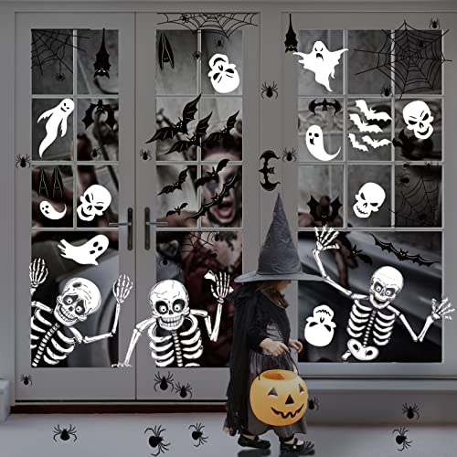 Double-Sided Halloween Window Clings – 8 Reusable PVC Sheets with Skeletons, Ghosts & Pumpkins