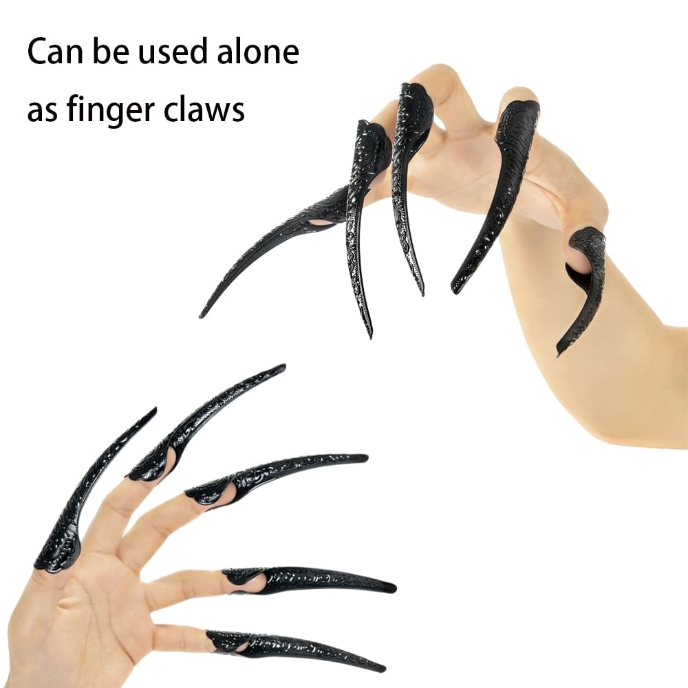 Gothic Vampire Claw Gloves Set – 10pcs Long Finger Claws with Black Stretch Gloves for Halloween & Cosplay