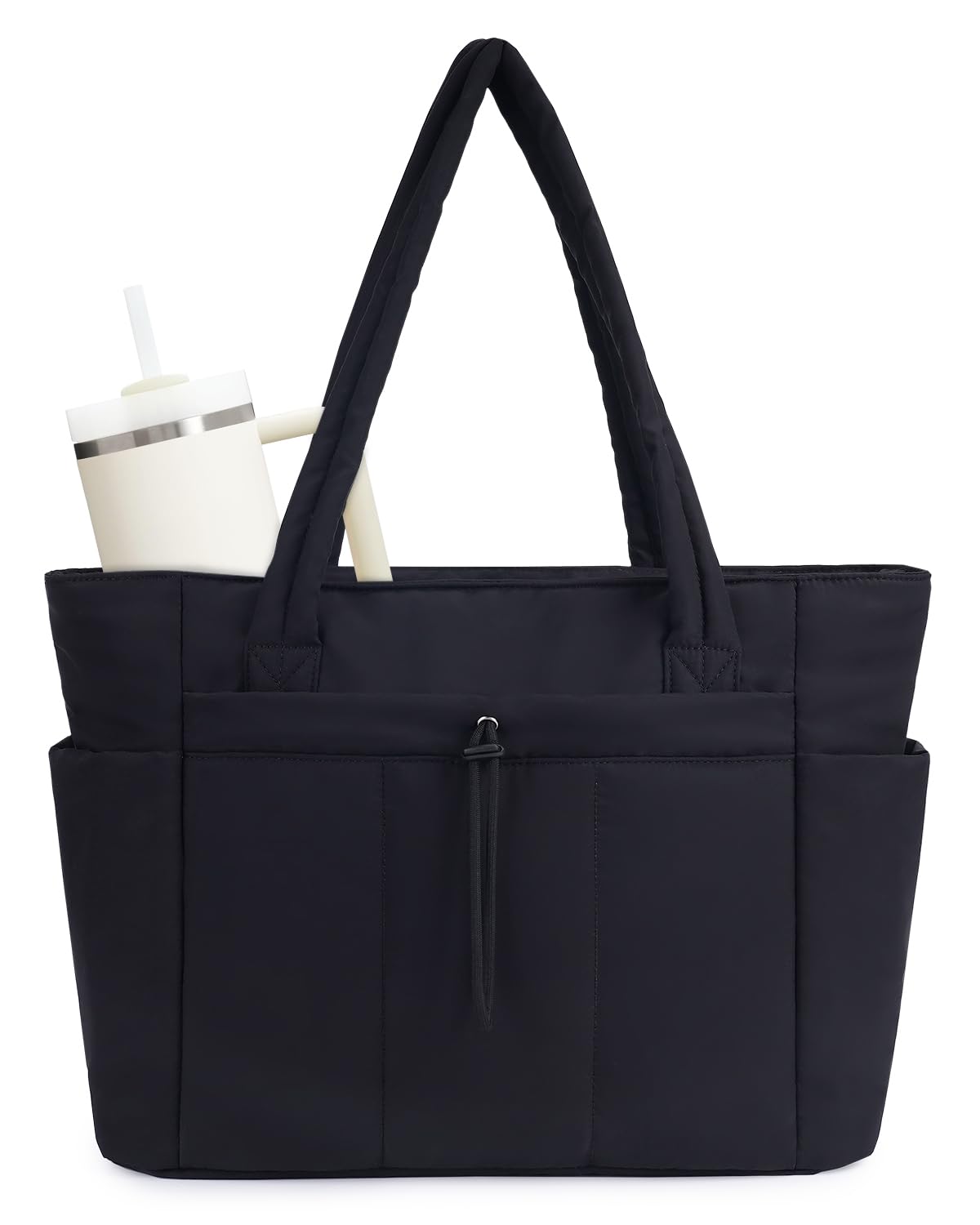 Wandering Nature Puffer Tote Bag with 40oz Tumbler Holder – Lightweight Laptop Tote with Trolley Sleeve (Black)