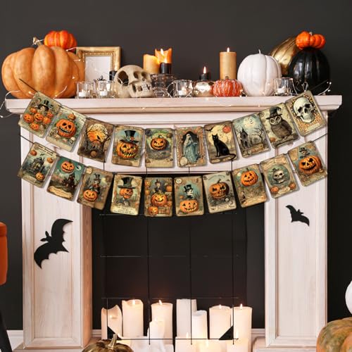 Vintage Halloween Banner – 20-Card Multicolor Garland with Retro Pumpkins, Cats & Skeleton Designs