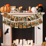Vintage Halloween Banner – 20-Card Multicolor Garland with Retro Pumpkins, Cats & Skeleton Designs
