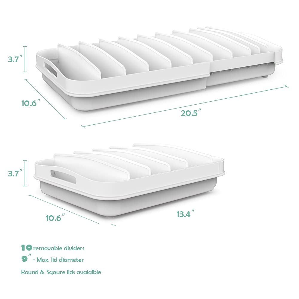 EVERIE Extendable Food Container Lid Organizer – Adjustable Cabinet & Drawer Storage with Removable Dividers (White)