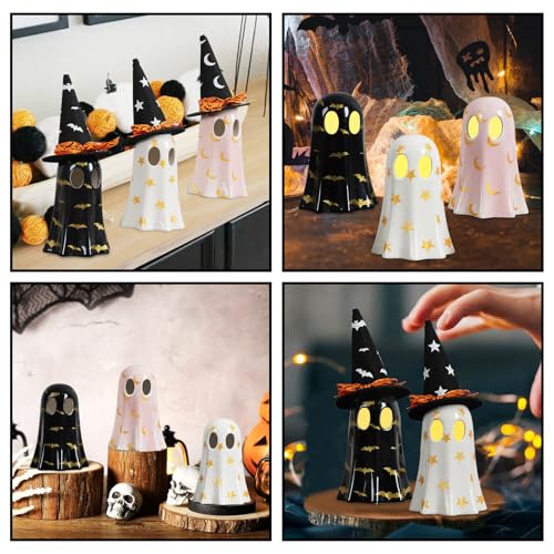Ceramic Ghost Halloween Décor Set – 3-Piece Light Yellow Ghost Figurines with Witch Hats & Tea Lights