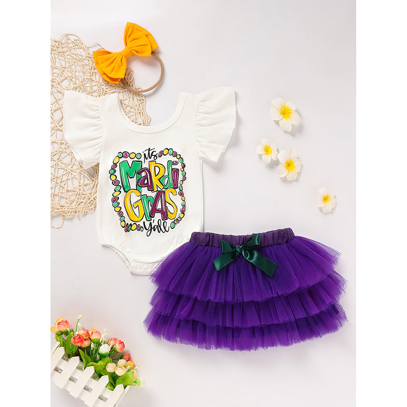 Baby Girl Mardi Gras Outfit 🎭 Ruffle Sleeve Bodysuit + Mesh Tutu Skirt + Hairband Set