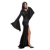 Morticia Addams Costume for Women – Long Black Gothic Dress with Wig & Choker (X-Large)