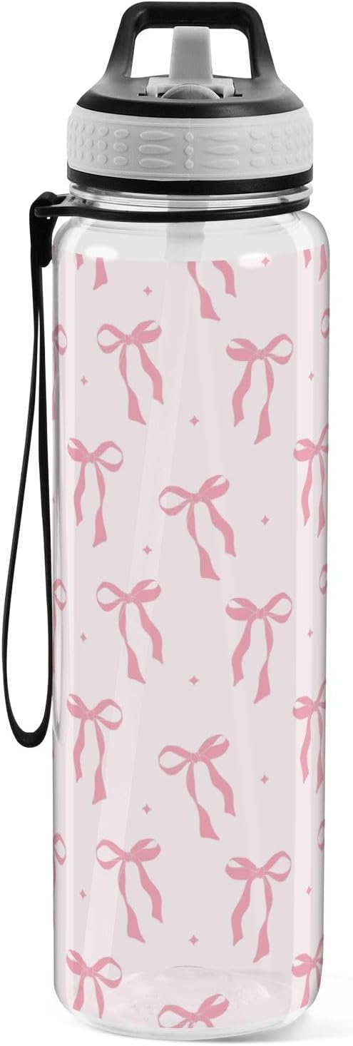 32 oz Clear Bow Tritan Water Bottle with Straw and Carry Strap