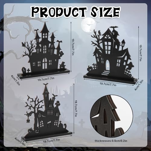 Haunted House Wooden Table Decor – 3Pcs Tiered Tray Halloween Centerpieces with Double-Sided Design (Black, Vintage Style)