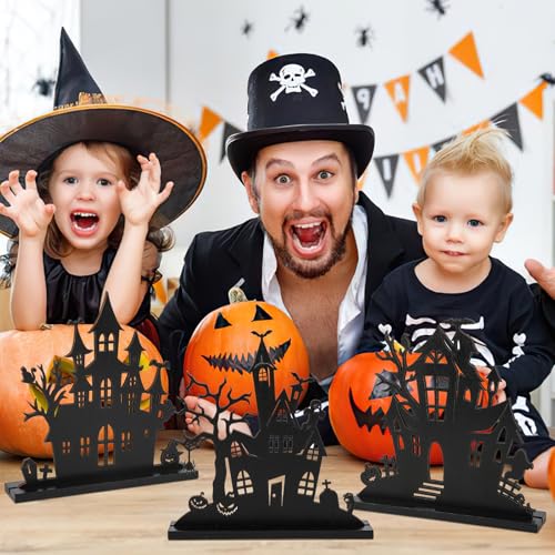 Haunted House Wooden Table Decor – 3Pcs Tiered Tray Halloween Centerpieces with Double-Sided Design (Black, Vintage Style)