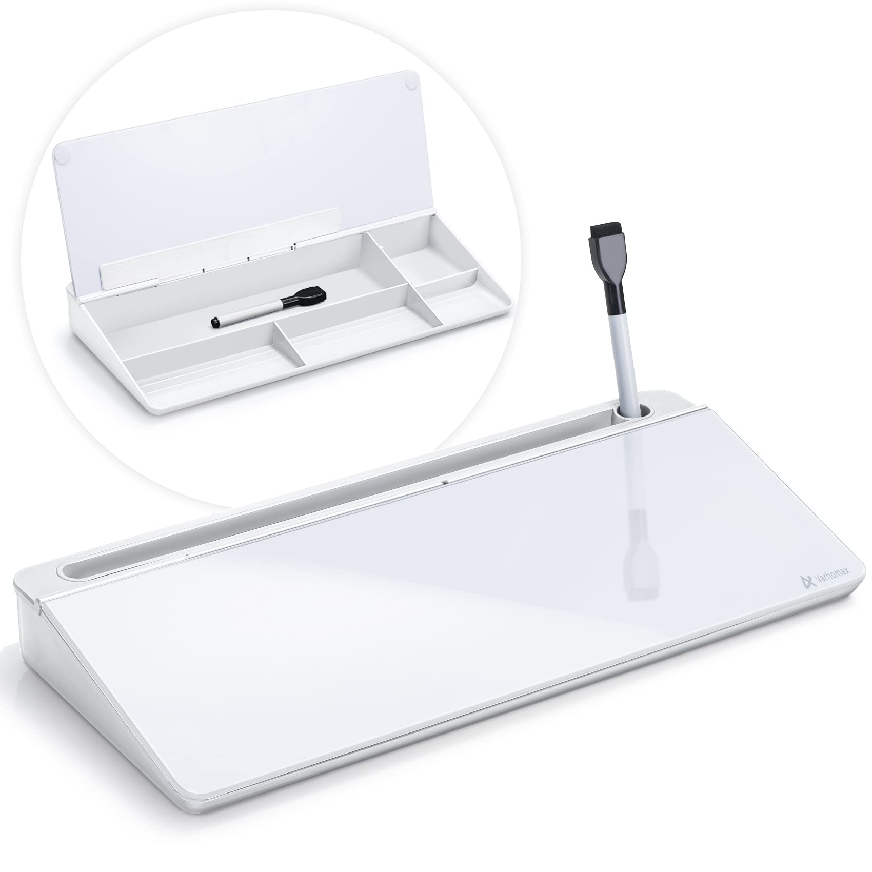 Varhomax Tempered Glass Desktop Whiteboard Organizer with Storage Compartments & Phone Holder for Office Productivity