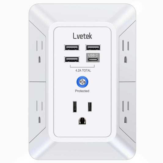 5-Outlet Surge Protector Wall Charger with 4 USB Ports – Multi Plug Outlet Extender with USB-C Fast Charging & 1680J Power Protection