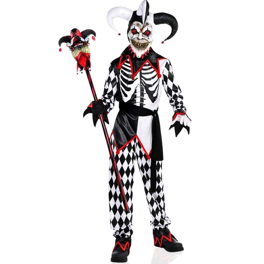 Kids Sinister Jester Costume – Black & White Multi-Piece Halloween Set with Mask, Headpiece, Tunic & Pants (Medium 8–10)