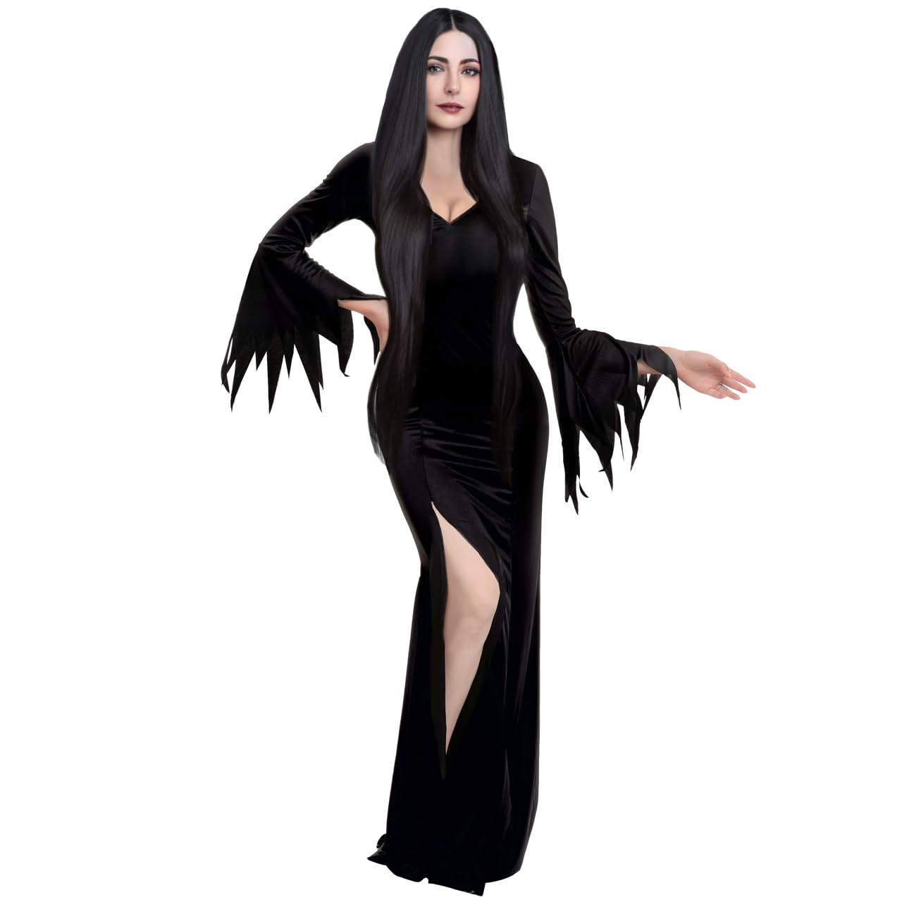 Women’s Gothic V-Neck Black Dress – Long Maxi Witch & Vampire Costume (Halloween Edition)