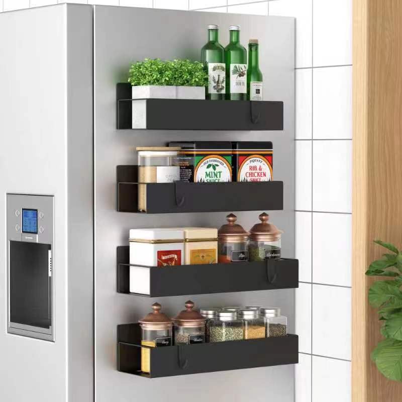 HuggieGems Magnetic Spice Rack Organizer (4-Pack) – Heavy-Duty Metal Fridge & Oven Storage, Adjustable Design (Black)