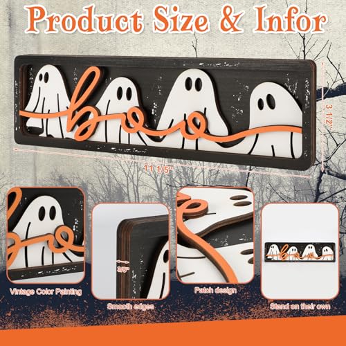 Wooden “BOO” Sign Halloween Decor – Vintage Ghost-Themed Tabletop Decoration for Home, Mantel & Shelf