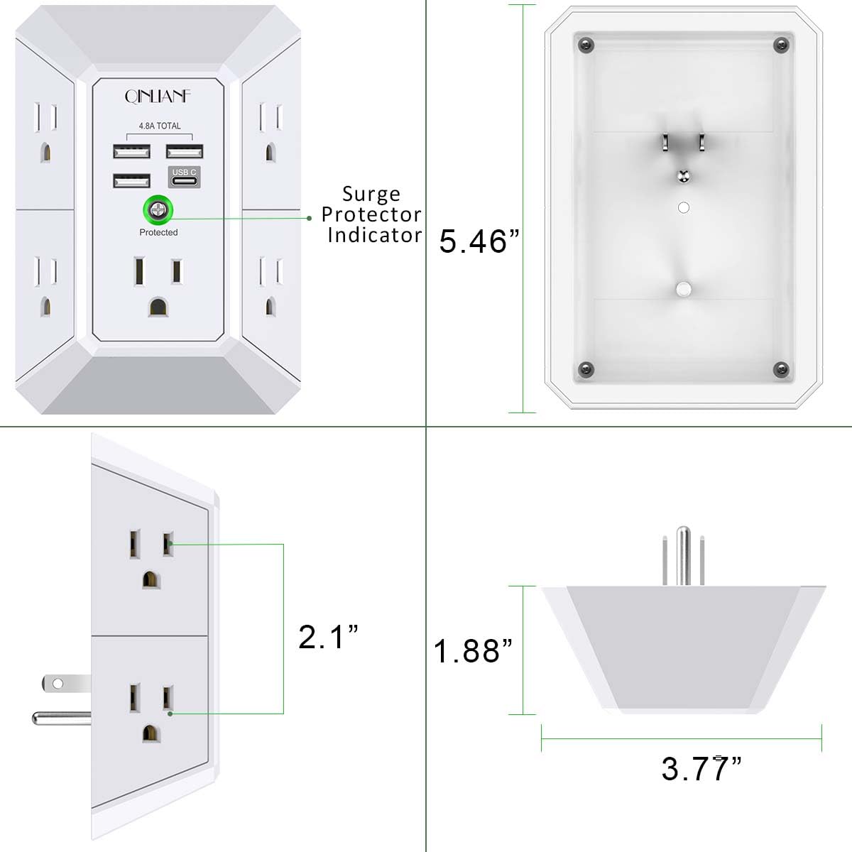 Wall Outlet Extender with 5 AC Outlets & 4 USB Ports – Surge Protector Power Strip with USB-C Fast Charging for Home & Office
