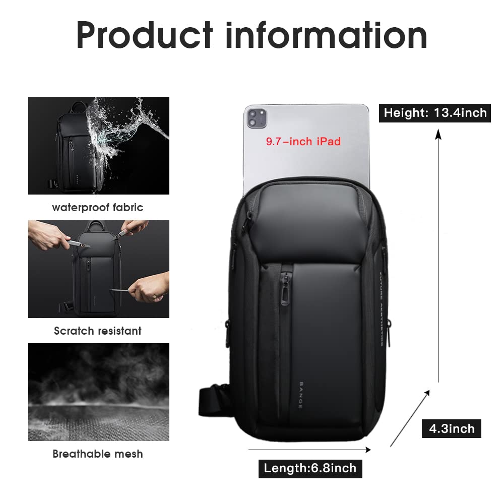 BANGE Waterproof Sling Bag for Men – Lightweight Crossbody Shoulder Backpack with Multi-Pocket Storage (Black)