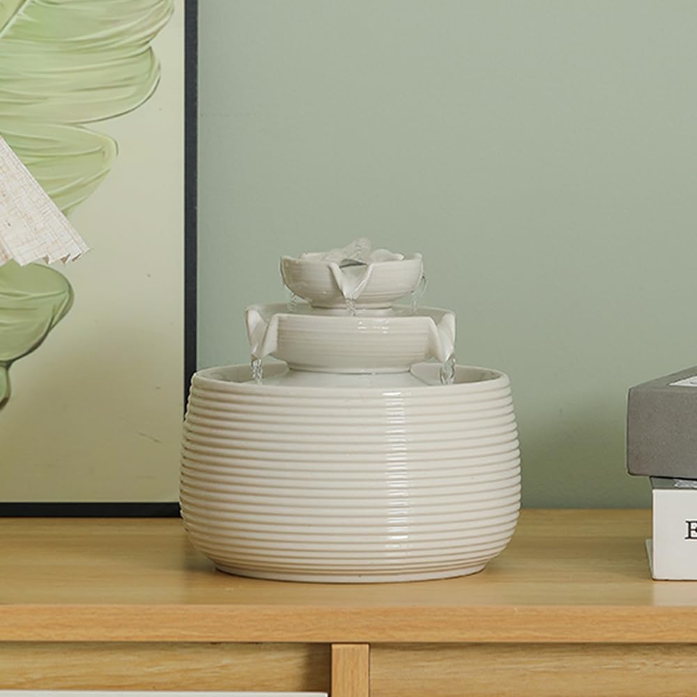Modern Ceramic Tabletop Water Fountain – Minimal Zen Indoor Décor (White A170)