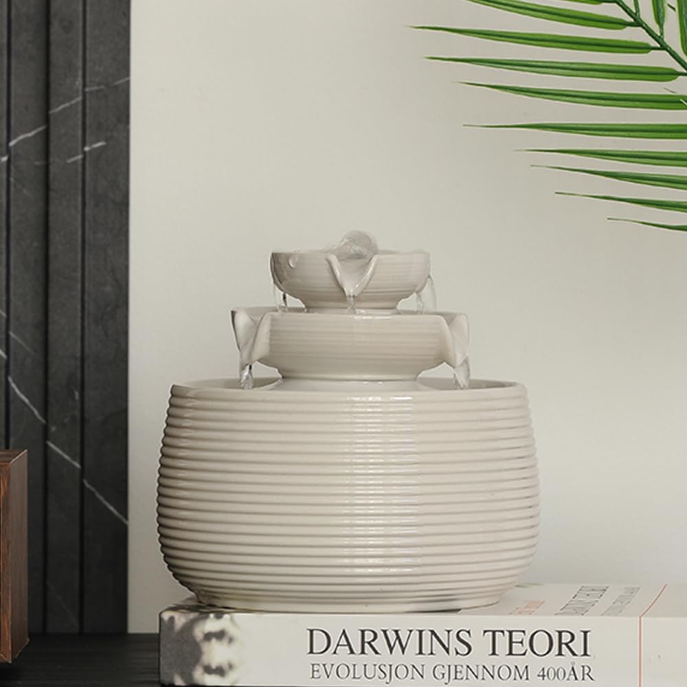 Modern Ceramic Tabletop Water Fountain – Minimal Zen Indoor Décor (White A170)