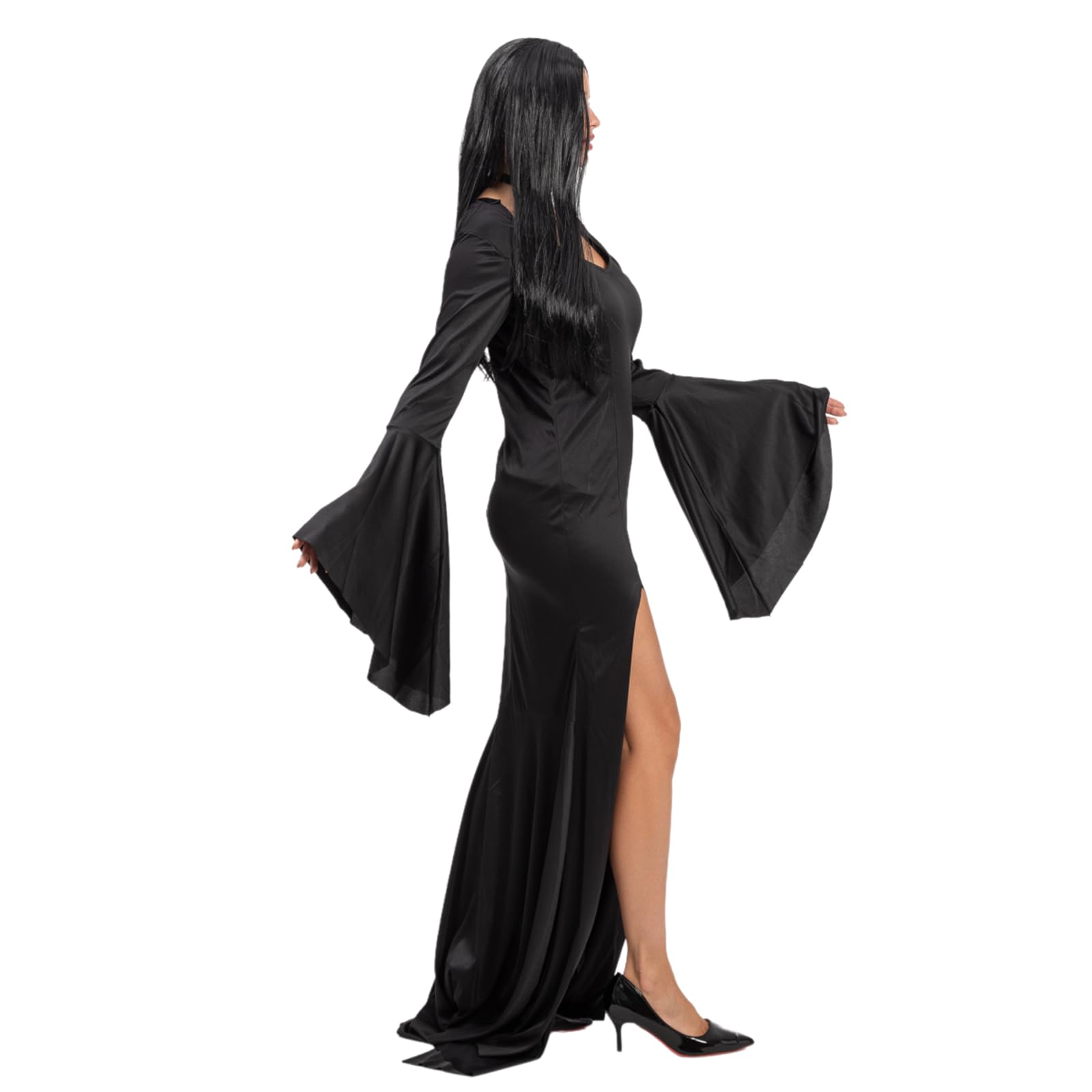 Morticia Addams Costume for Women – Long Black Gothic Dress with Wig & Choker (X-Large)
