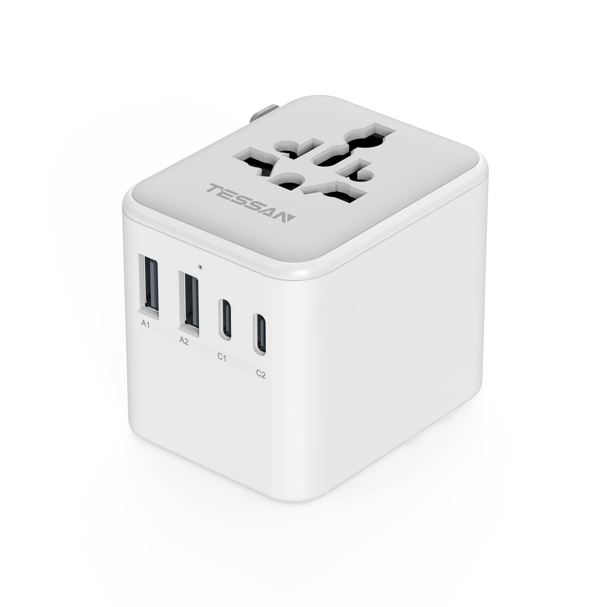 TESSAN 5-in-1 Universal Travel Adapter with Dual USB-C & 4 USB Ports, Worldwide International Plug Charger 2500W for Europe UK USA Australia – Grey 20W