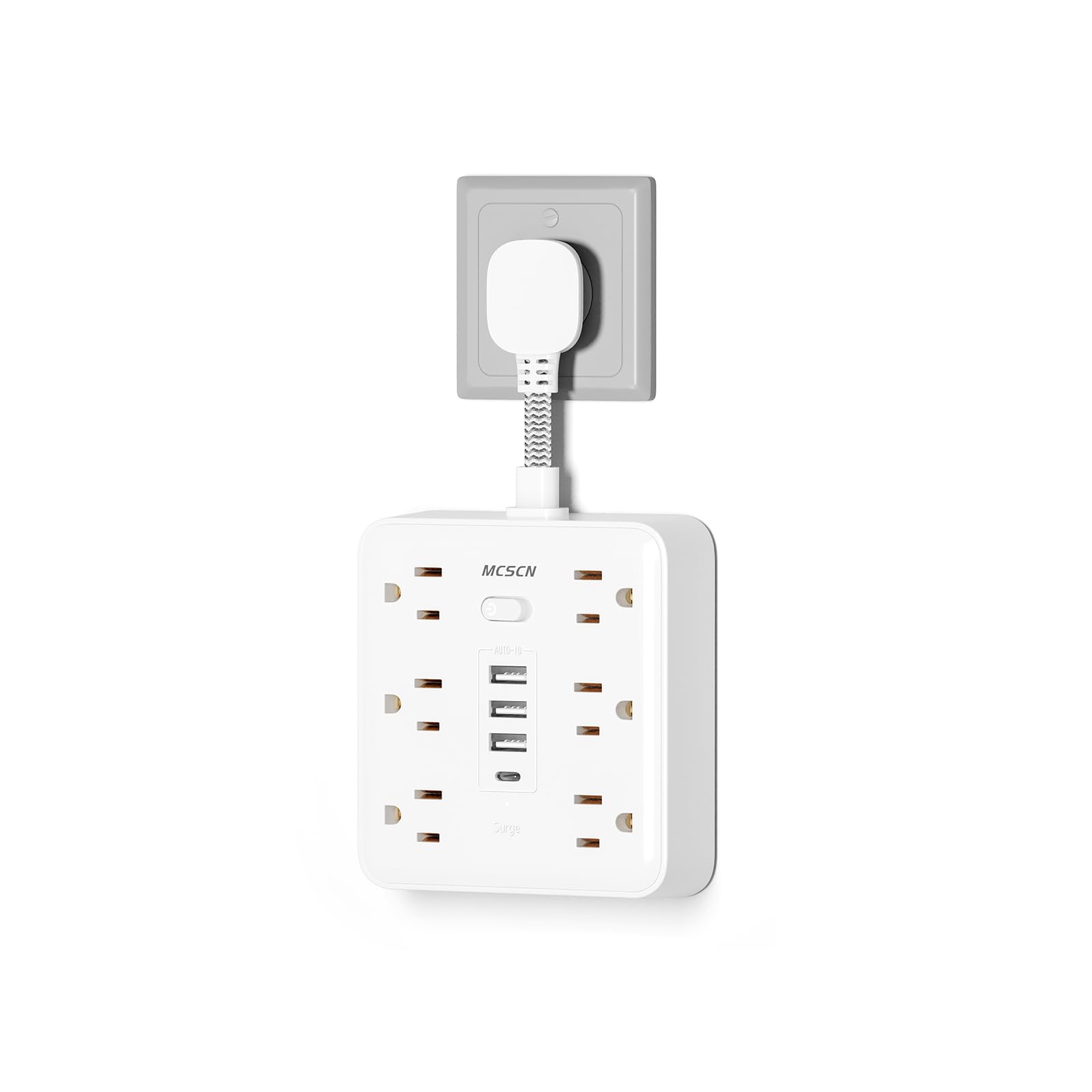 10-in-1 Slim Power Strip with Flat Plug – Surge Protector with 6 AC Outlets & USB-C (White)