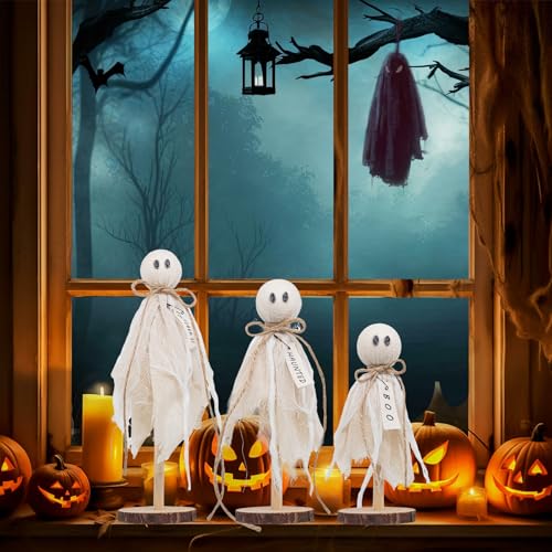 Rustic Wooden Ghost Trio – Farmhouse Halloween Decorations with BOO & Haunted Labels, 3 Sizes