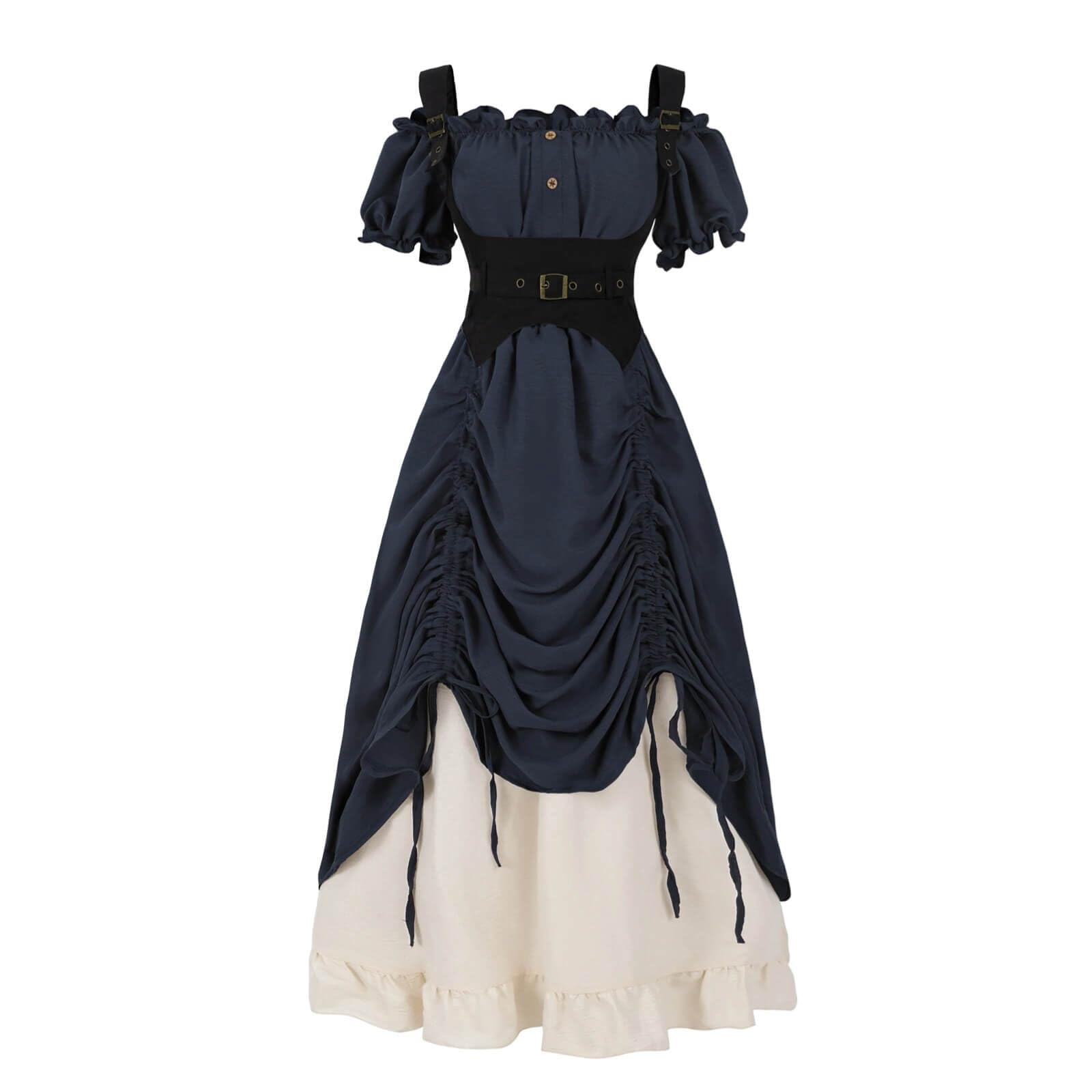 Blue 3-Piece Renaissance Pirate Costume Set – Medieval Steampunk Dress with Corset Vest & High-Low Skirt