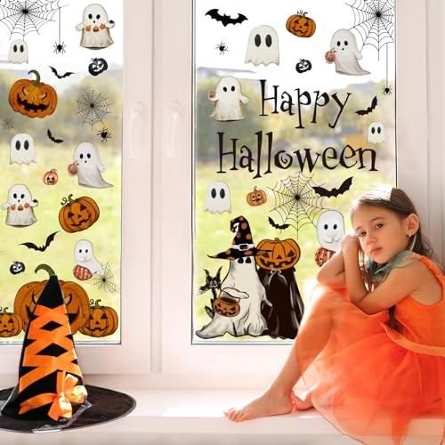 Vintage Halloween Window Clings – 6 Double-Sided PVC Sheets with Ghosts, Pumpkins, Cats & Bats