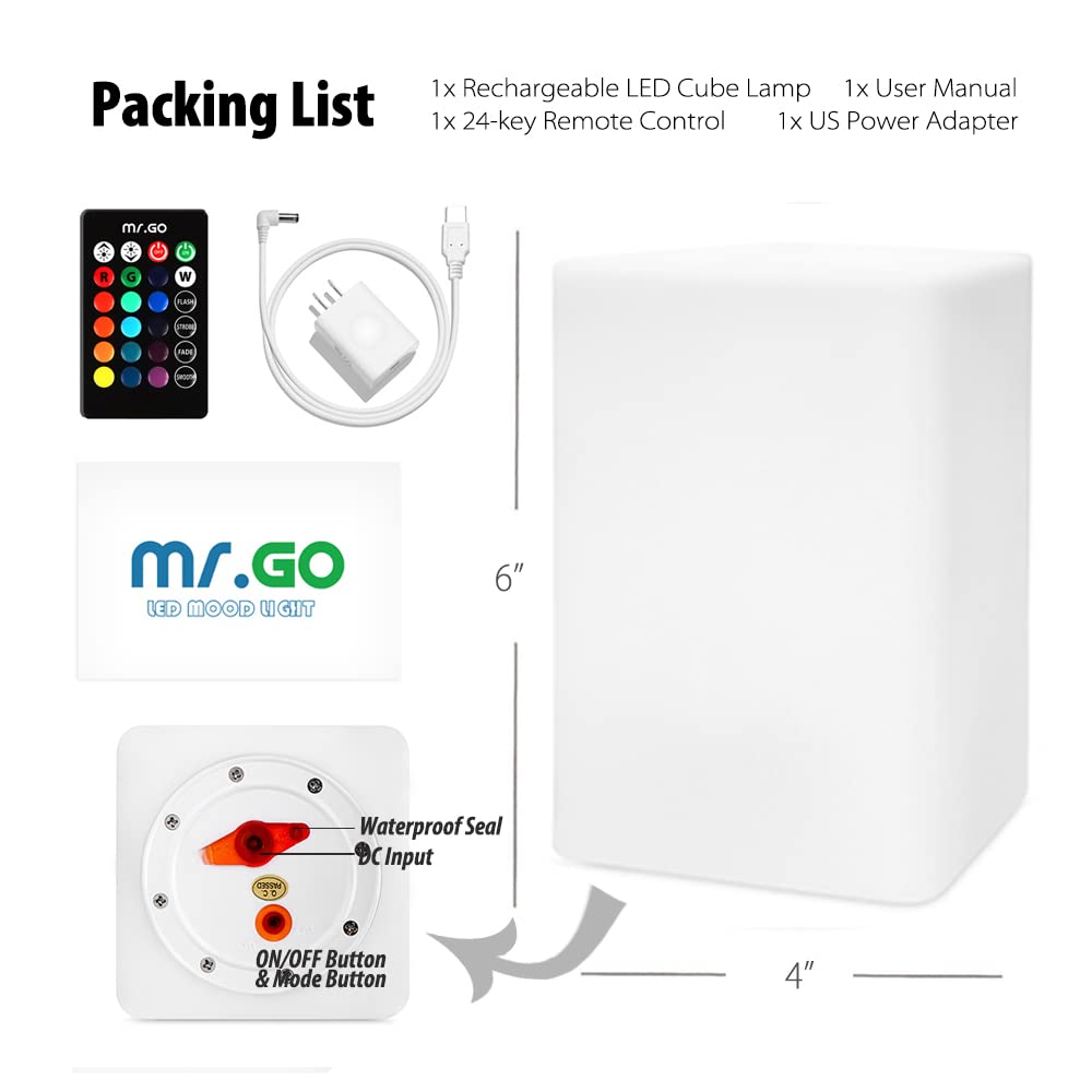 Rechargeable RGB LED Cube Lamp 6” – Waterproof Color Changing Indoor & Outdoor Mood Light
