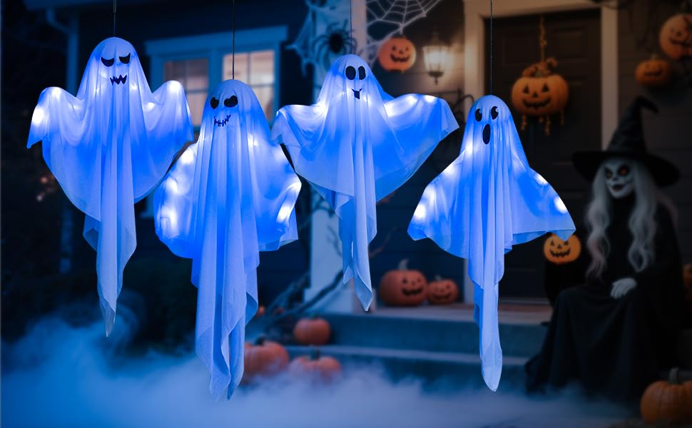 Blue LED Hanging Ghosts (4-Pack) – 27.5" Light-Up Halloween Decorations for Yard, Porch & Haunted House