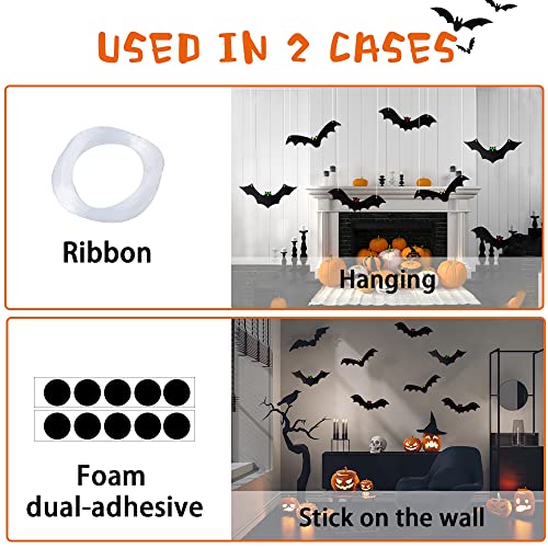 12PCS 3D Hanging Bats with Glowing Eyes – Waterproof Outdoor Halloween Decorations with 15 Pairs of Fluorescent Eye Stickers