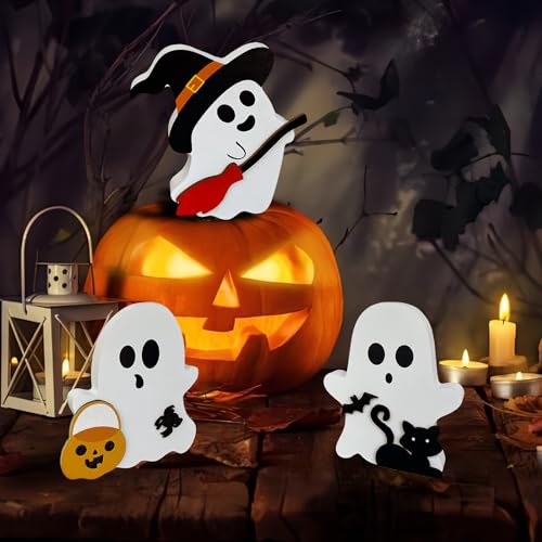 Wooden Ghost Figurines Set – Hand-Painted White Halloween Tabletop Decor for Home, Shelf & Party Display