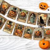 Vintage Halloween Banner – 20-Card Multicolor Garland with Retro Pumpkins, Cats & Skeleton Designs