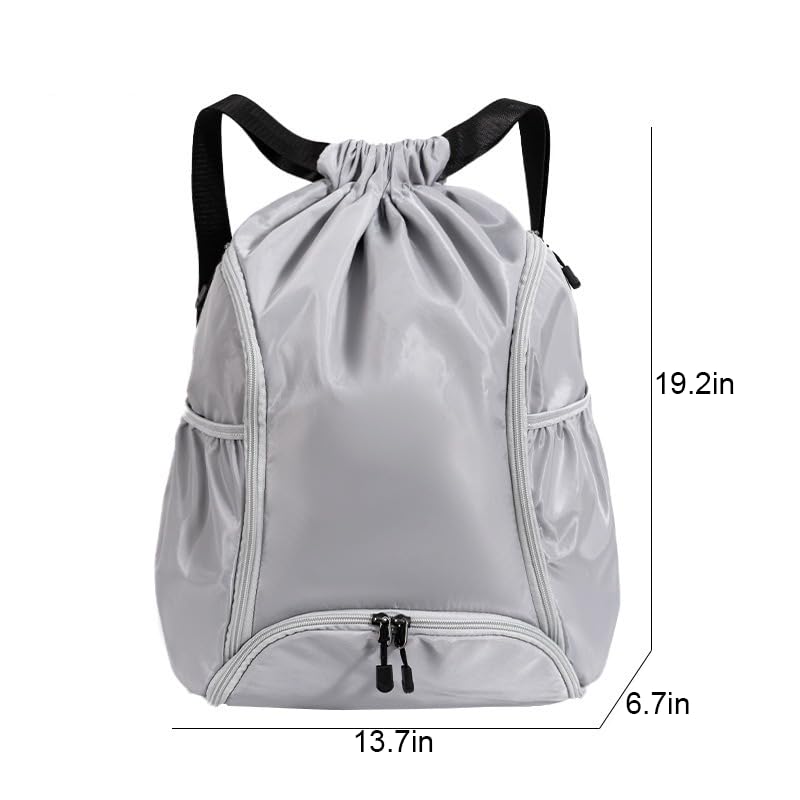 Waterproof Sports Drawstring Backpack – Lightweight Gym, Swim & Basketball String Bag with Shoe Compartment (Grey)