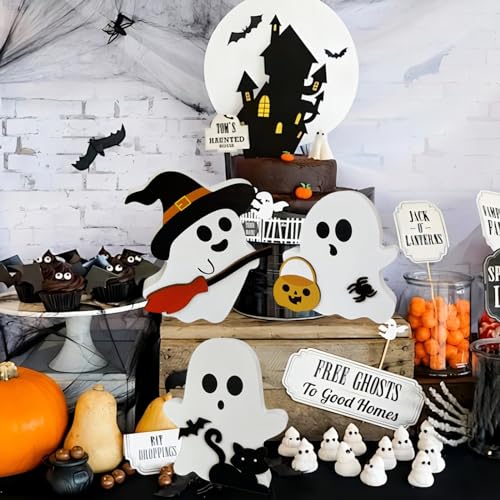 Wooden Ghost Figurines Set – Hand-Painted White Halloween Tabletop Decor for Home, Shelf & Party Display