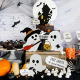 Wooden Ghost Figurines Set – Hand-Painted White Halloween Tabletop Decor for Home, Shelf & Party Display