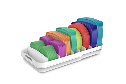 EVERIE Extendable Food Container Lid Organizer – Adjustable Cabinet & Drawer Storage with Removable Dividers (White)