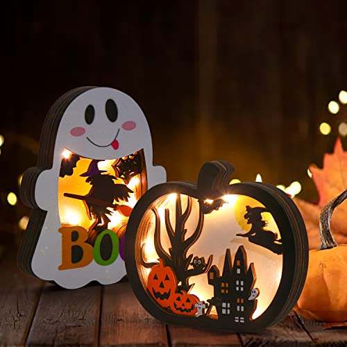 Wooden Halloween Pumpkin & Ghost Lantern Set – Light-Up Table Decorations with Warm Glow