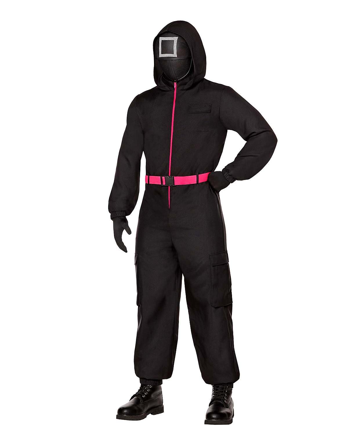 Squid Game Guard Costume for Adults – Official Black Hooded Jumpsuit with Mask, Belt & Gloves