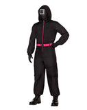 Squid Game Guard Costume for Adults – Official Black Hooded Jumpsuit with Mask, Belt & Gloves