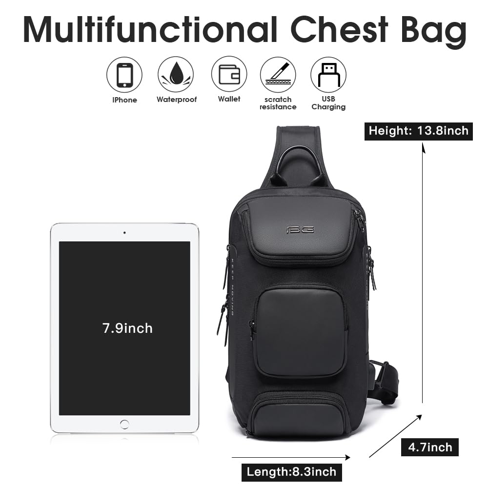 BANGE Waterproof Sling Bag with USB Charging Port – Lightweight Crossbody Chest Backpack for Men (Black)