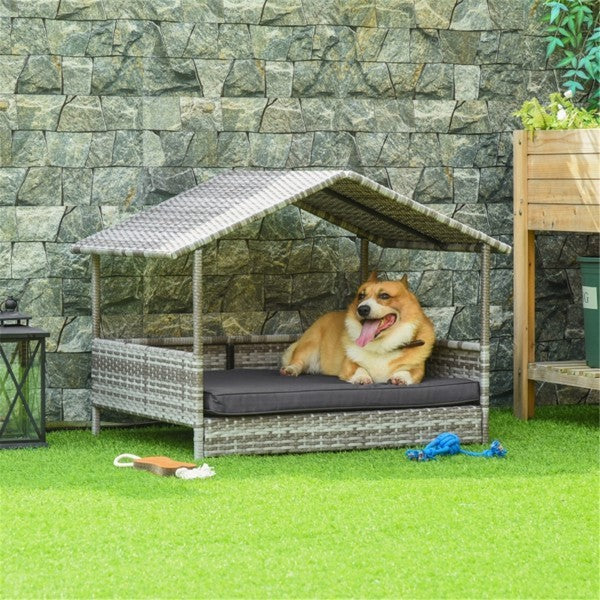 Rattan Dog Bed – Stylish Pet Sofa Tent with Washable Cushion & Non-Slip Base for Small & Medium Dogs, Indoor & Outdoor Use
