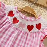 Baby Girl Valentine’s Day Dress – Pink Plaid Outfit with Heart Embroidery & Ruffle Sleeves