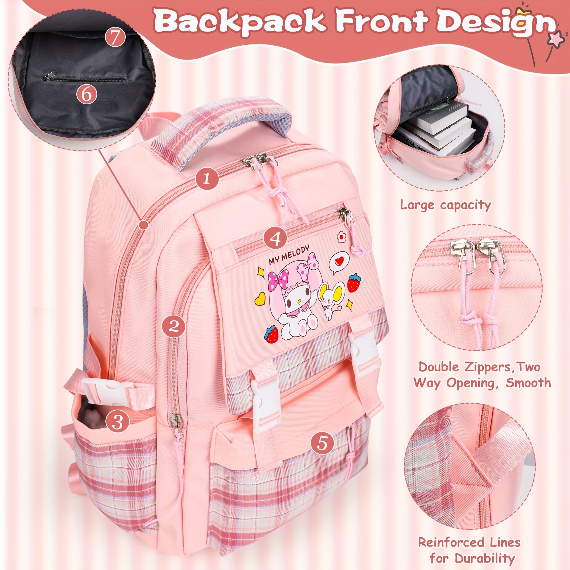 Sanrio Hello Kitty Large Capacity Backpack Set – Pink Cartoon Backpack with Stationery Bundle & Adjustable Straps