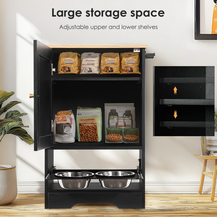Feeding Station with Locker – Concealed Pet Feeding Station with 2 Overhead Dog Bowls, Side Hooks & Anti-Tipping Kit (Black)